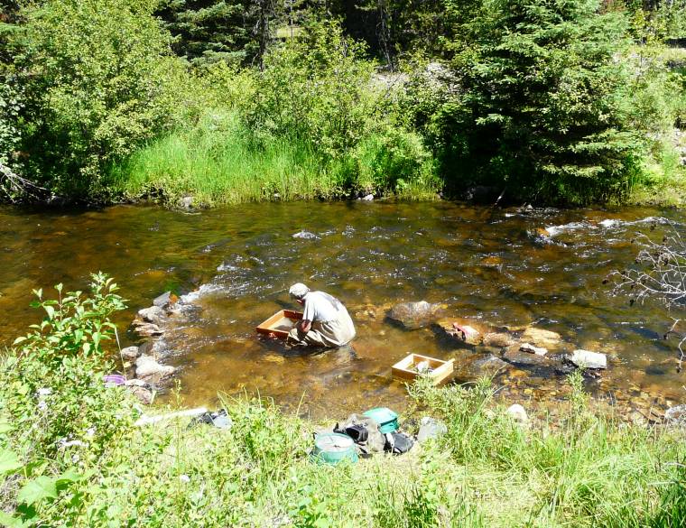 Photo of a man panning for gold in a stream
