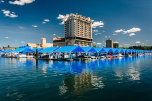 Marina and buildings along Lake Coeur d'Alene, in Coeur d'Alene, Idaho.