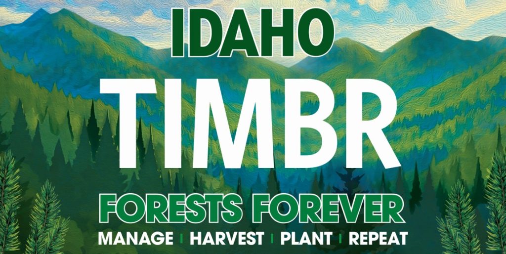 2026 Idaho Timber License Plate mockup. Blue-green background of mountains and trees with the words Idaho Forests Forever in dark green and the words Manage, Harvest, Plant, Repeat in a smaller font in white along the bottom.