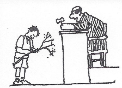 sketch of a man holding a tree in front of a judge in court