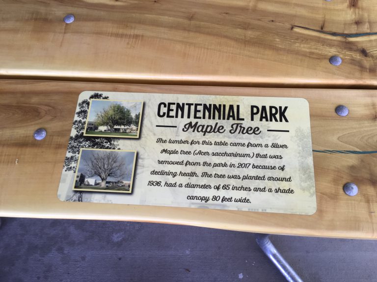 Picnic table placard at the Meridian Centennial Park