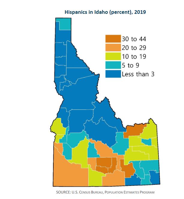 Hispanic population percentage in the state of Idaho by county. 2019