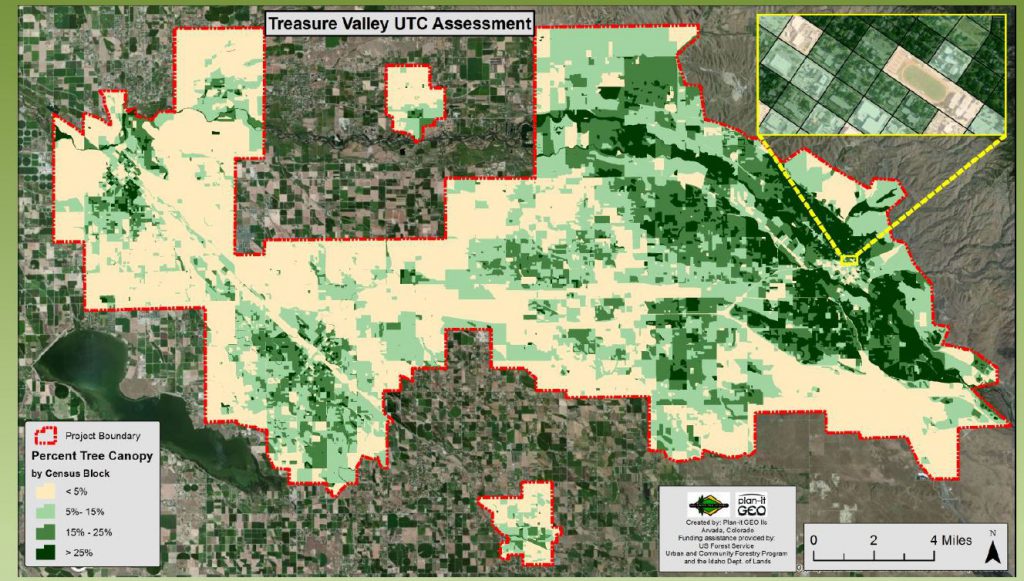 Map of the treasure valley showing percentage of Tree Canopy by Census Block