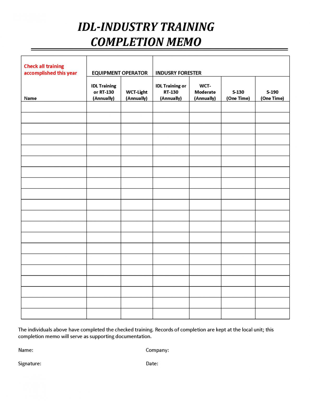 IDL Industry Training Completion Memo