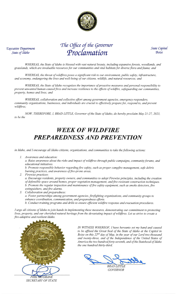 Governor proclamation of Wildfire Prevent and Prepare Week.